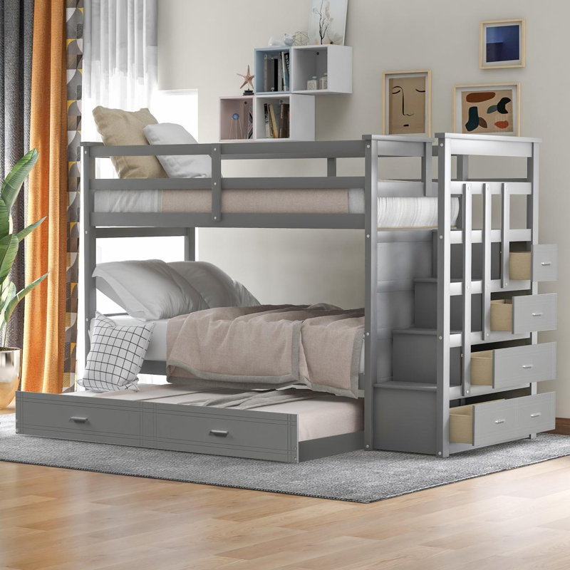 Arowyn Kids Twin Over Twin Bunk Bed with Trundle with Drawers, Gray