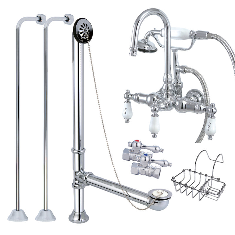 Kingston Brass Vintage Three-Handle 2-Hole Tub Wall Mount Clawfoot Tub Faucet Package with Supply Line, Hand Shower and Tub Drain