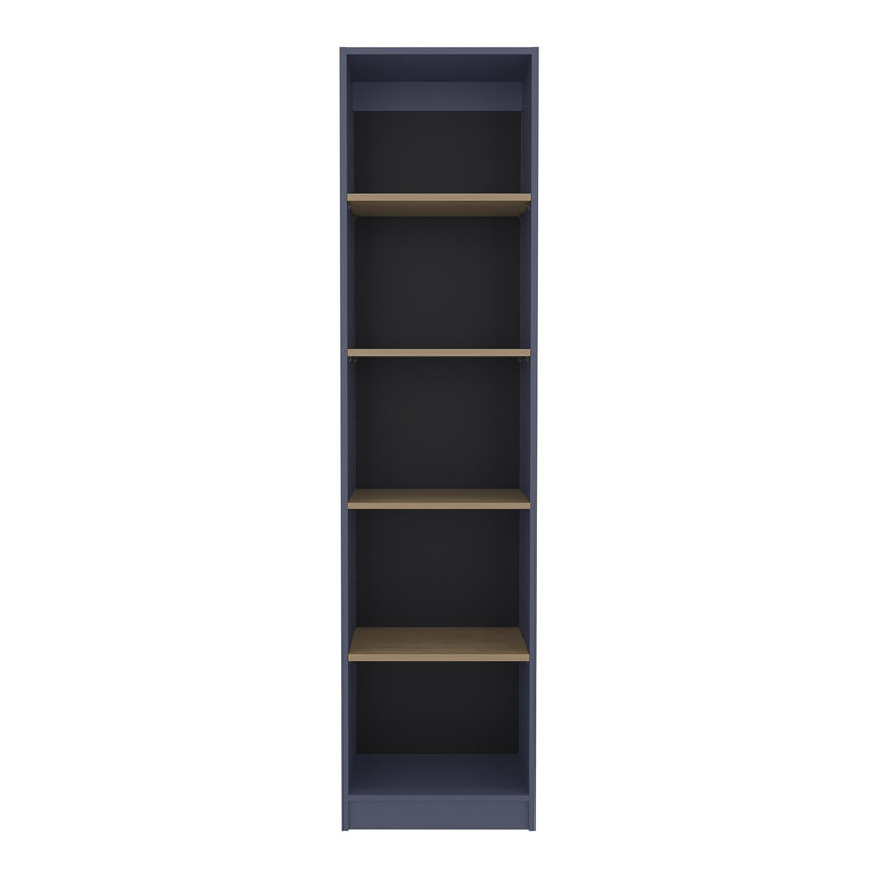 Bibliothèque Home Xs avec tablettes à 5 niveaux et design mince, pour un salon de style compact, une chambre ou un bureau, chêne naturel, bleu marine