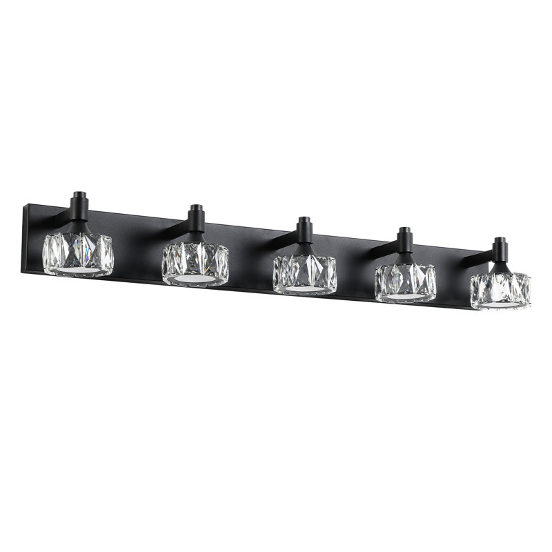 Matte Black Led Bathroom Sconce With 5 Crystal Glass Shades For Ambiance 5- Shade Wall Fixture, 5 Lights