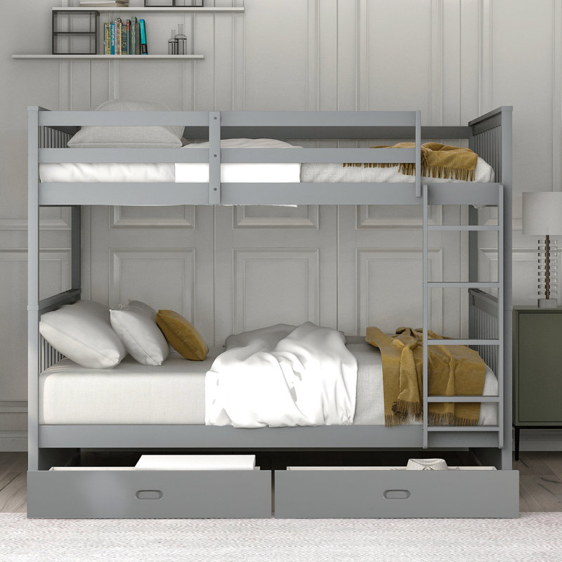 Lit superposé gris espace avec tiroirs et échelles et rangement confortables - Améliore l'utilisation de l'espace dans la chambre à coucher