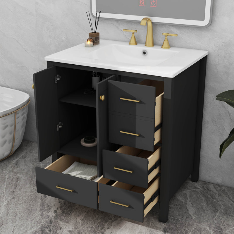 Ensemble de meuble-lavabo 30 po avec lavabo en céramique, ensemble de meuble-lavabo autoportant avec 4 tiroirs et portes à fermeture douce