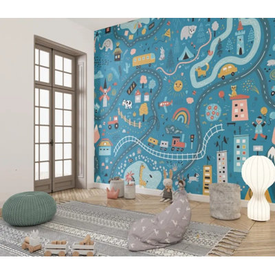 Kids Road Map Wallpaper – Interactive Car Track Playroom Wall Mural