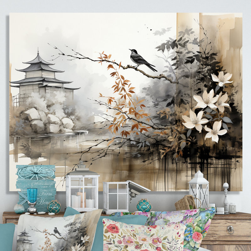 Asian Art Sumi Bird Serenity I - Art mural asiatique, H 12 po x l 20 po x P 1 po, Toile tendue
