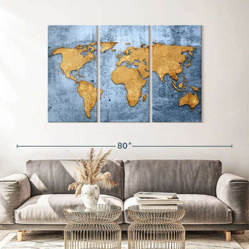 «Azure World Map Wall Art», reproduction d'art sur toile, H 36 po x l 57 po x P 1,25 po