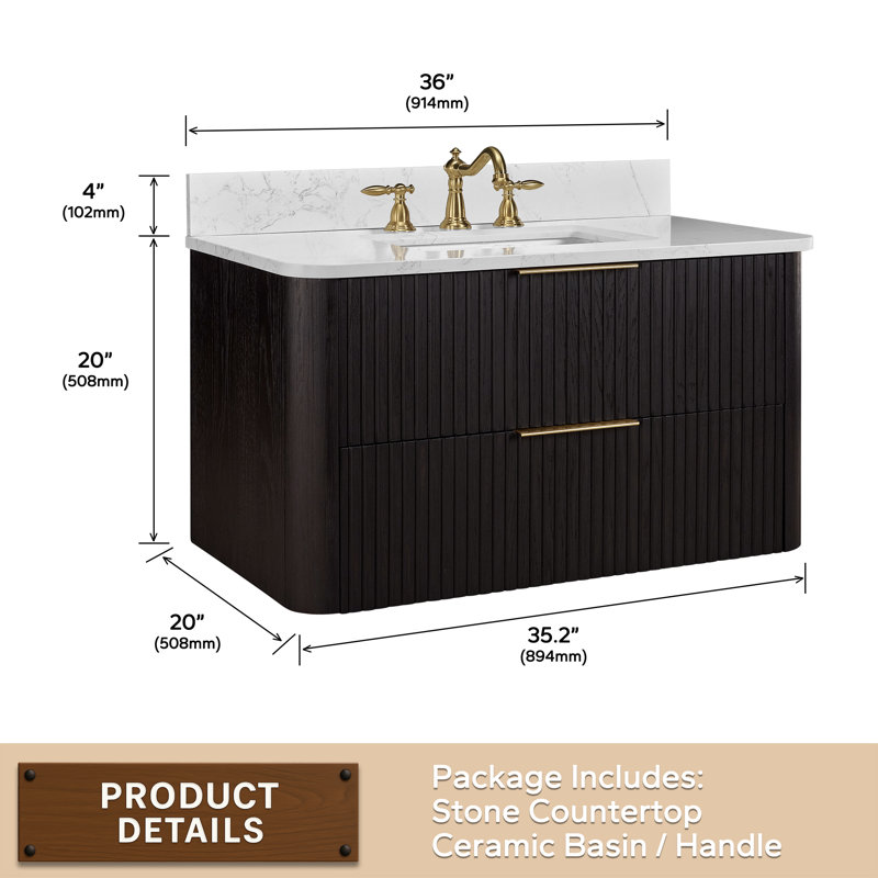 Meuble-lavabo flottant 36 po avec lavabo, meuble-lavabo mural cannelé, comptoir en faux marbre, tiroir à fermeture en douceur, entièrement assemblé, chêne noir