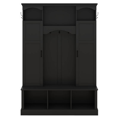 Hall Tree With Adjustable Shelves & 7 Hooks, All-In-One Entryway Organizer, Shoe Cabinet & Storage Bench