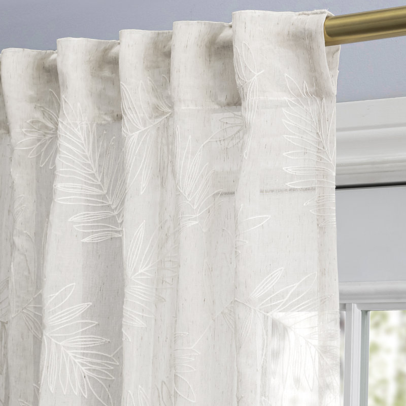 Roodhouse Premium Leaf Embroidered Semi-Sheer Rod Pocket Single Curtain Panel, White, 52" W x 96" L