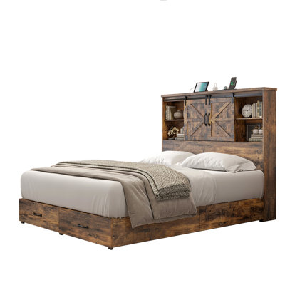 Structure de lit double en bois Tryston Sherell, brun rustique
