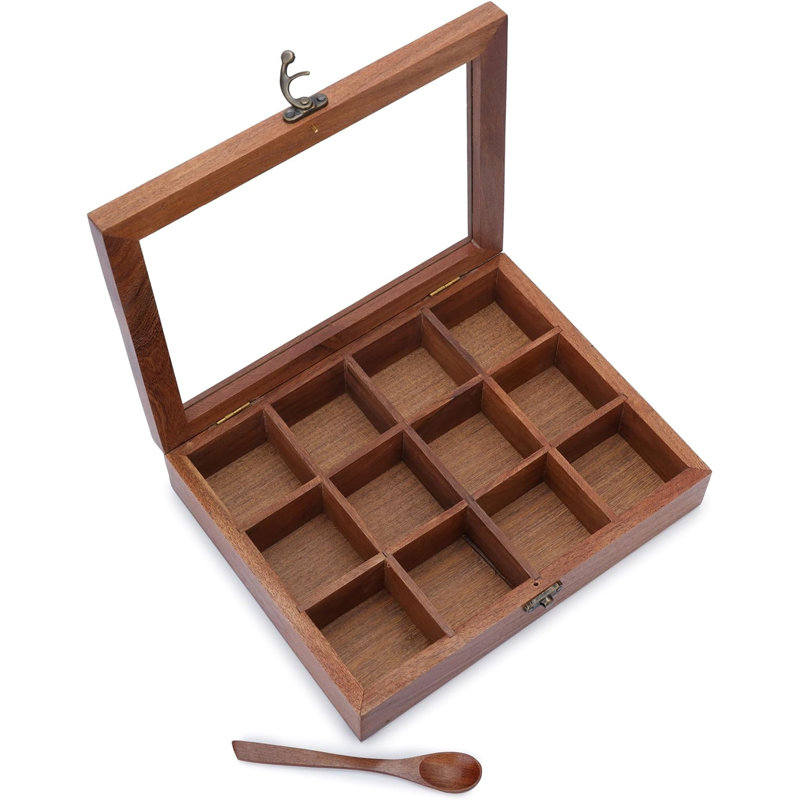 Boîte à épices en bois Masala Dabba avec couvercle en verre, cuillère à 12 compartiments fixes, contenant à épices, idéal pour les aromates, parfait pour offrir