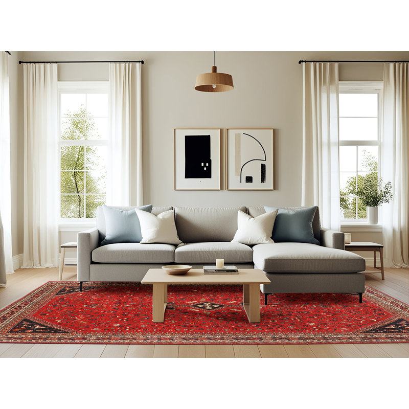 Tapis en laine rouge / noir, Rectangle 6 pi x 9 pi