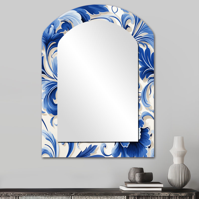 Motif victorien majestueux à volutes de cobalt - Grand miroir mural arqué sur métal, 34 po x 25 po