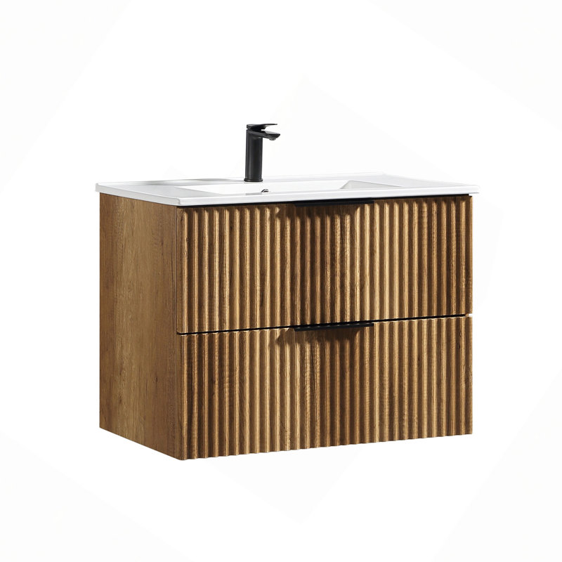 Meuble-lavabo mural 30 po avec panneau cannelé 3D et lavabo intégré en céramique