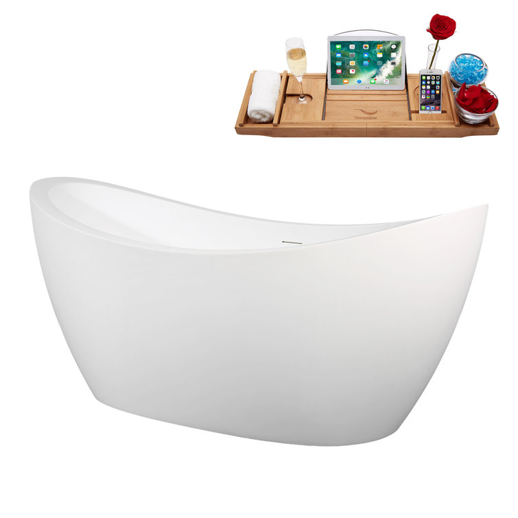 67" Streamline Soaking Matte White Freestanding Tub and Tray With Internal Drain