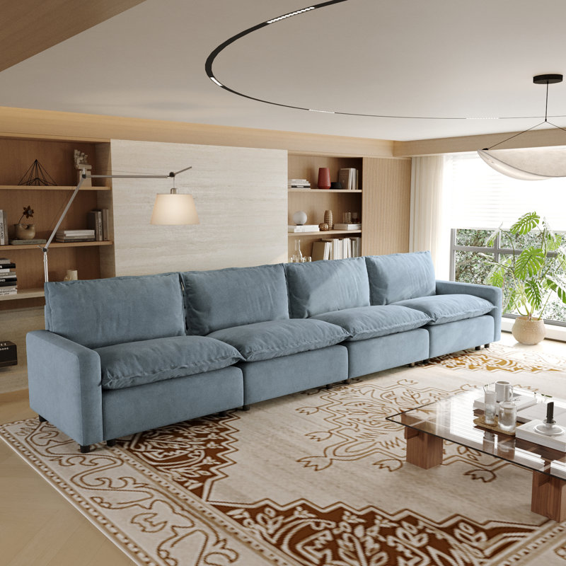4-Piece Upholstered Modular Linen Fabric Sectional Sofa, Blue Linen