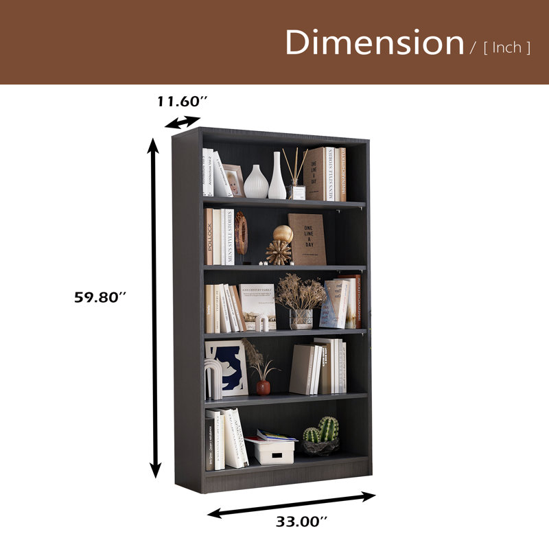 Bibliothèque pour bibliothèque de bureau à 5 tablettes de 60 pouces de hauteur pour bibliothèque de salon à 5 niveaux, Gris