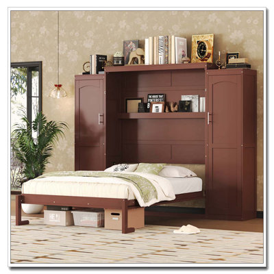 Lit escamotable double avec 2 armoires et tablette de rangement, lit plateforme pliable