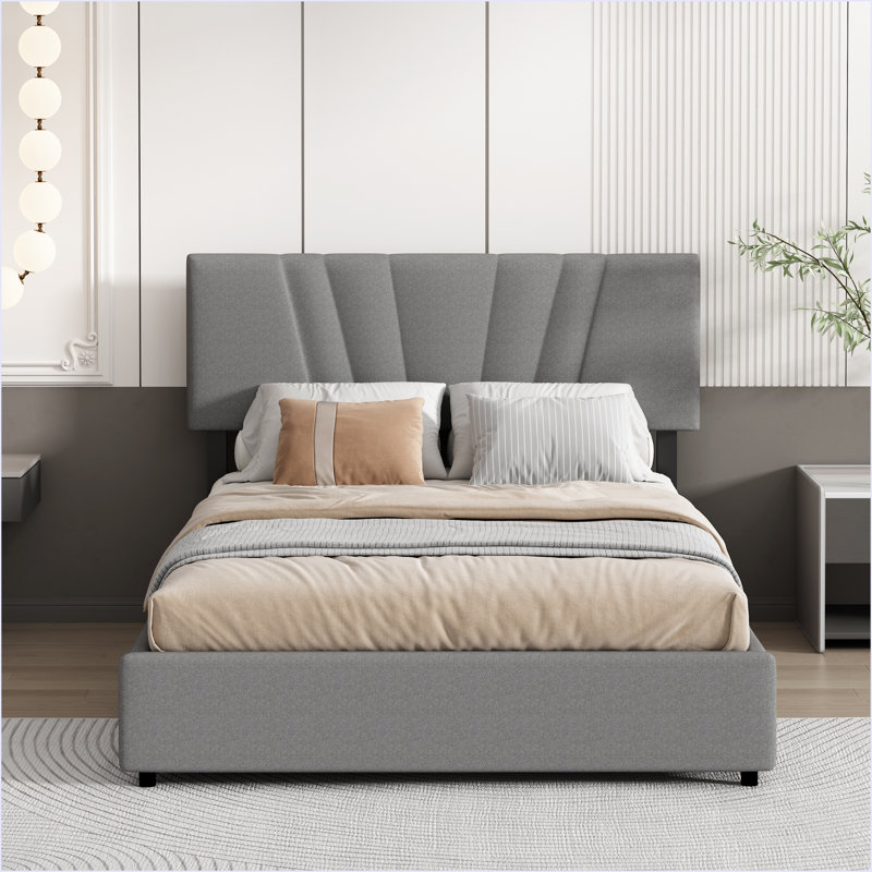 Lit plateforme tapissier avec rangement relevable, Gris, Grand lit