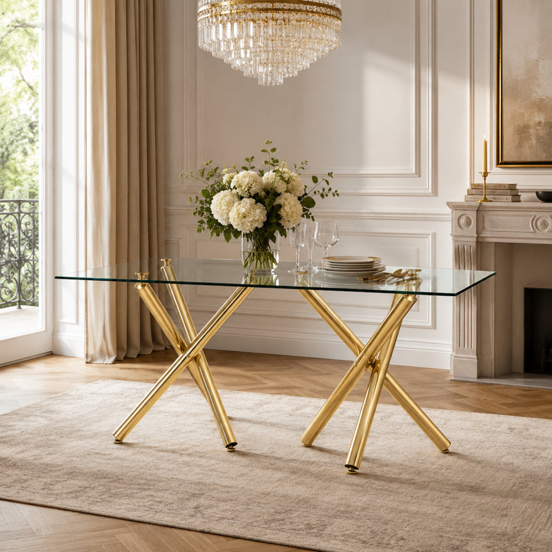 Contemporary Luxe 71" Tempered Glass Dining Table with Polished Gold Double X-Base
