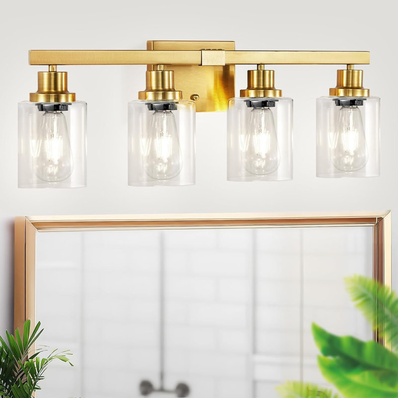 Modern 4-Light Vanity Fixture With Square Glass Shade, Brushed Gold Bathroom Wall Mount Light For Mirror, Bedroom, Living Room, And Kitchen