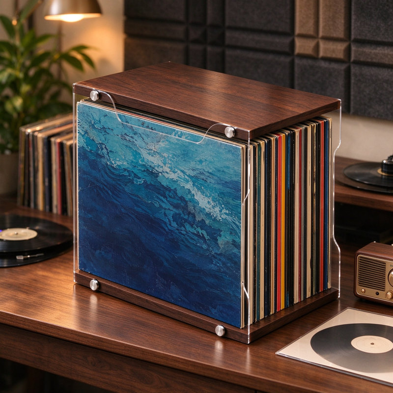 Vinyl Record Storage Box with Clear Acrylic Sides, LP Record Holder with Removable Divider, Multi-Purpose Album Organizer for Books and Magazines