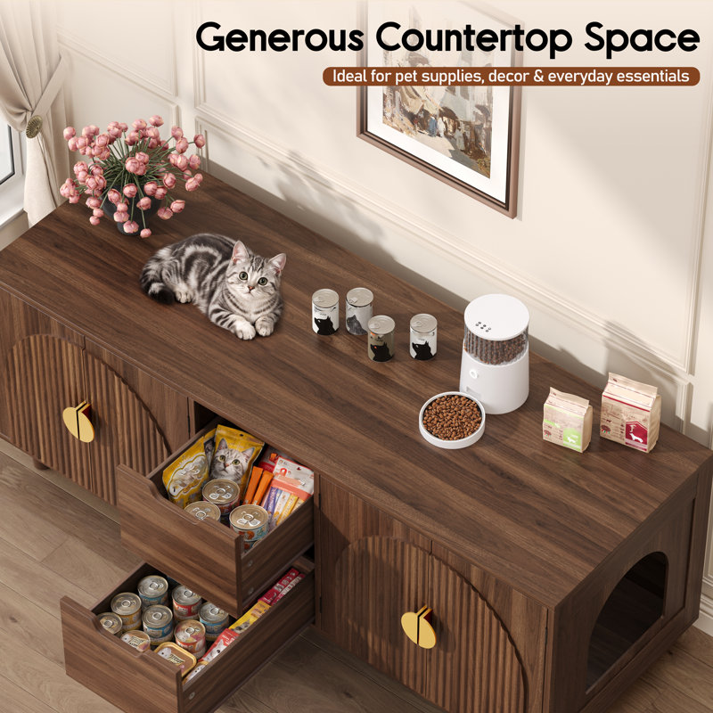 55.1'' W Double Cat Litter Box Enclosure For 2 Cats, Modern Fluted Cat House Furniture 