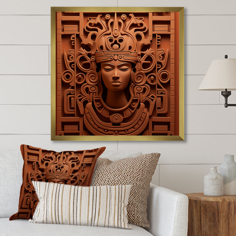 Maya Magic Aztec Mask II - Art mural mexicain, H 16 po x l 16 po x P 1 po, Cadre doré simple
