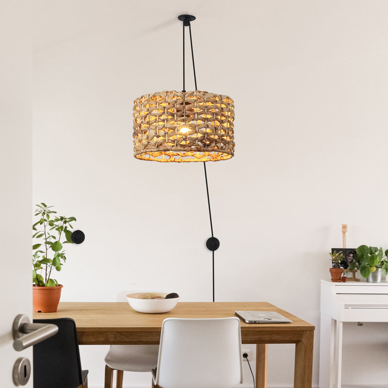 12.8'' Pendant Light Plug In For Kitchen Island, Modern Rattan Lampshape Ceiling Hanging Wicker Lamp