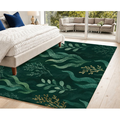 Tapis à motif abstrait d'algues et d'algues, vert foncé, feuilles d'or, artistique et antidérapant, idéal pour le salon, la chambre à coucher, l'entrée, la cuisine ou un appartement.