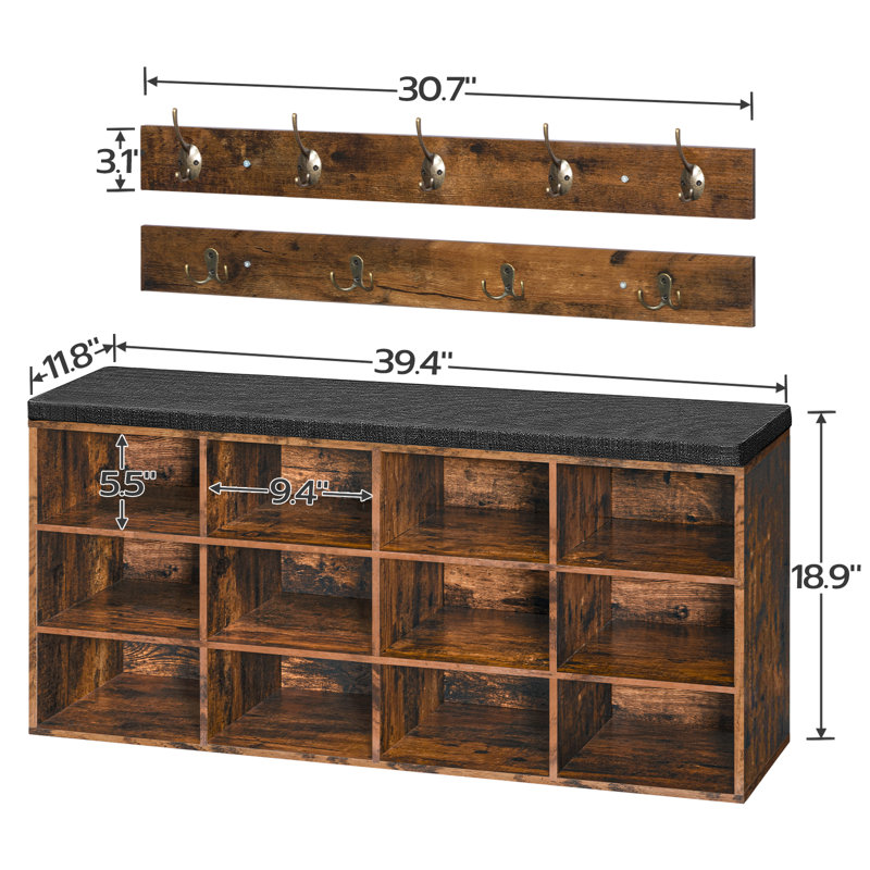 Shoe Storage Bench With Cushion, Entryway Bench, Brown/Black