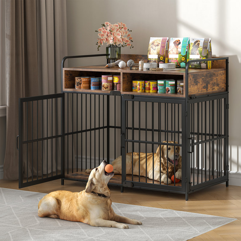 Small Dog Crate Furniture With Drawers Storage, Puppy Dog Kennel Indoor With Double Doors, Heavy Duty Wooden Dog Cage Table, Sturdy Metal