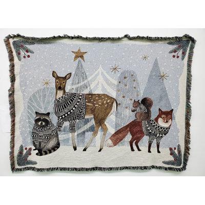 Pure Country Weavers Cozy Christmas Blanket by Victoria Borges - Racoon Deer Squirrel Fox in Sweaters Gift Tapestry Throw Woven from Cotton - Made in the USA (72x54)