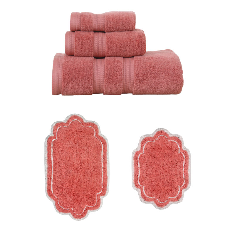 Talbert Collection 100% Soft Cotton 3 Pc Towel Set & 2 Pc Bath Rug Set, (Set of 5), Coral