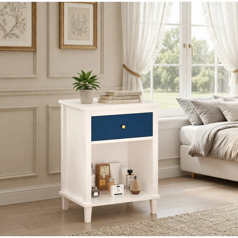 Table de chevet robuste en bois avec tiroir et tablette pour enfants et adultes, Navy