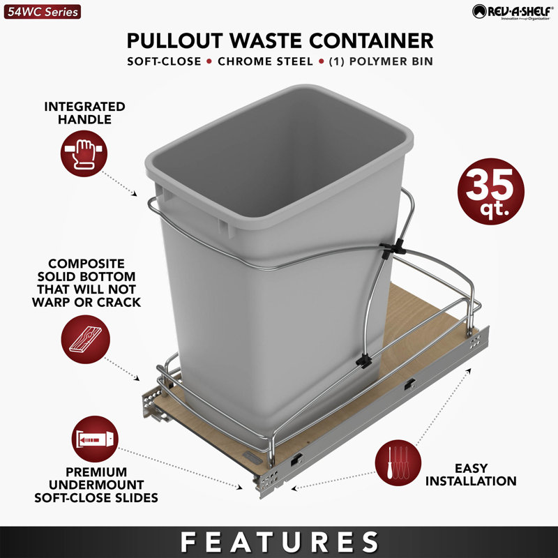Gray Plastic Single Pull-Out Trash Container with Soft-Close Slides