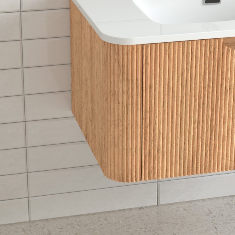 Armoire de salle de bain flottante murale 24 po pré-assemblée à bord arrondi de couleur noyer naturel avec cuve en céramique blanche