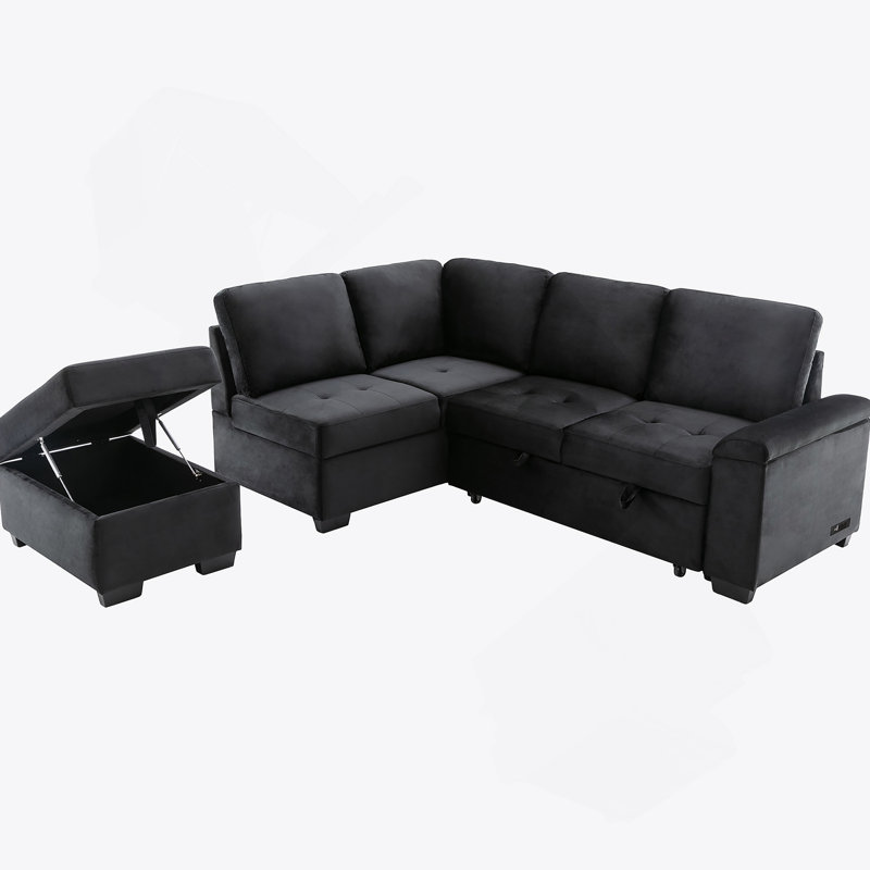 Canapé-lit modulaire en forme de L, canapé-lit d'angle avec repose-pieds avec rangement, Velours noir
