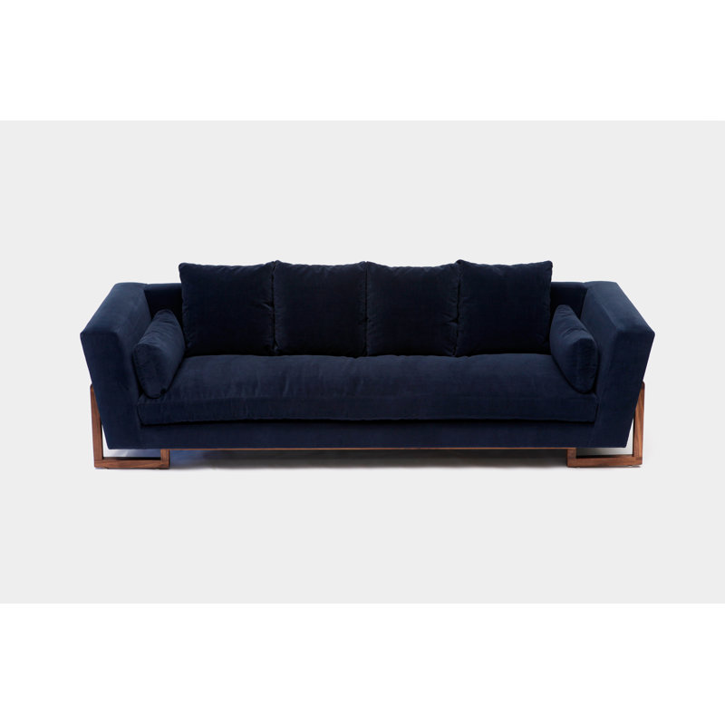 LRG Velvet Sofa, Deep Blue Aged Velvet, No Trays, Walnut