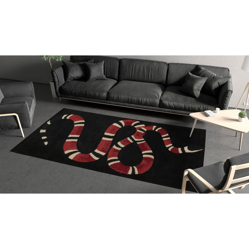 Black-Burgundy Snake-Themed Decorative Woven Base Rug, Rectangle 5'1.02" x 7'6.55"