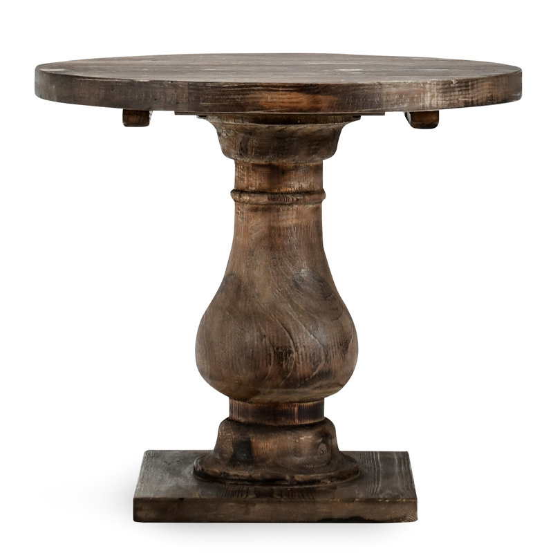 Table de bout ronde en brun vieilli avec détails à la main, base en piédestal, fabrication en pin massif, fini et vieilli, rustique transitionnel classique, profondeur de 28 po, largeur, hauteur de brun de 25 po, détails, bois,