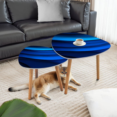 Triangle Nesting Coffee Table Set of 2 Navy Blue gradient abstract line wavy End Table Modern Minimalist Side Table Set for Living Room Bedroom