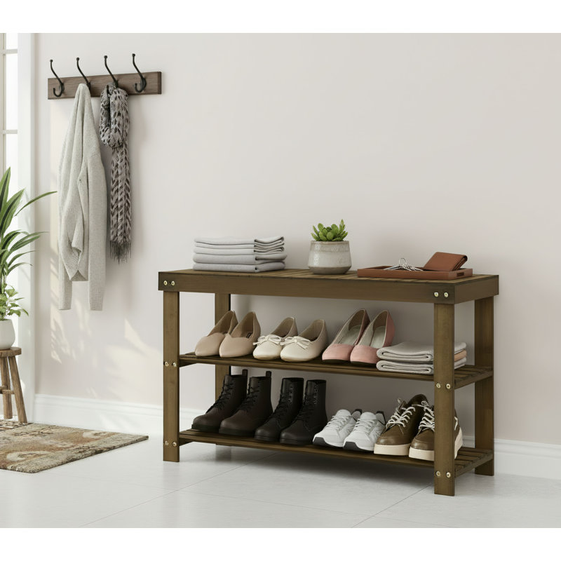 Three-Tier Bamboo Shoe Rack And Storage Bench, Yellow-Brown Color, Versatile Design, 286 Lbs Weight Capacity, Suitable For Entryway And Bedroom.