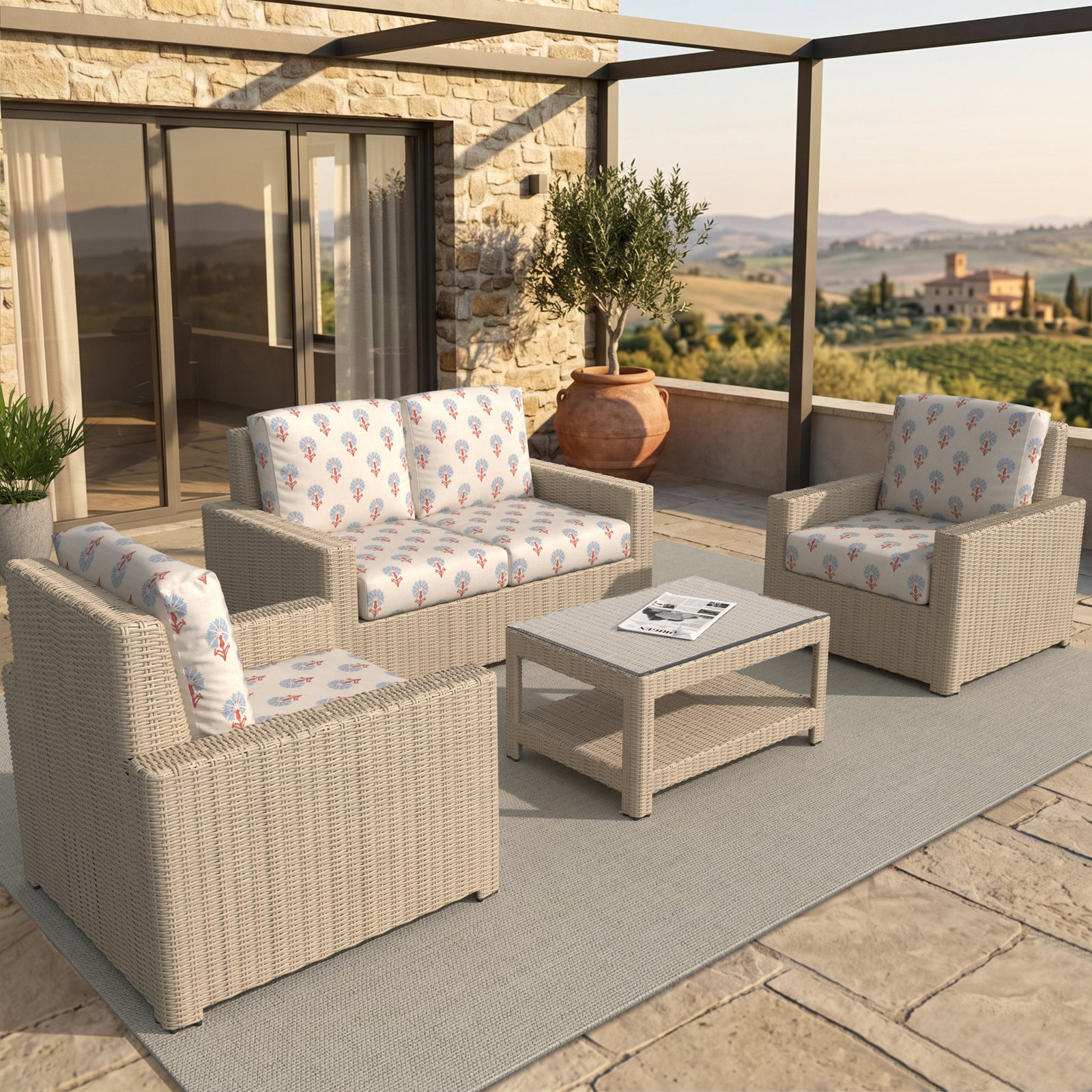 Henri 4-Person Sunbrella® Patio Seating Group, Sunbrella® Mira Bluebell
