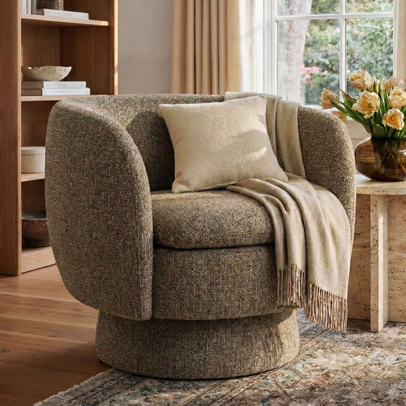 31" Wide Upholstered Tweed Swivel Barrel Accent ArmChair - 360° Rotation (1-Pack), Chocolate Brown, Set of 1