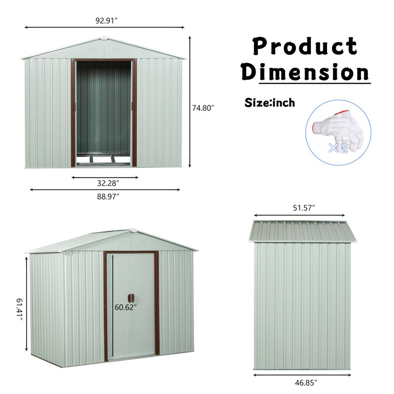 8ft X 4ft Metal Shed With Galvanized Steel And Foundation Outdoor Hooks, White