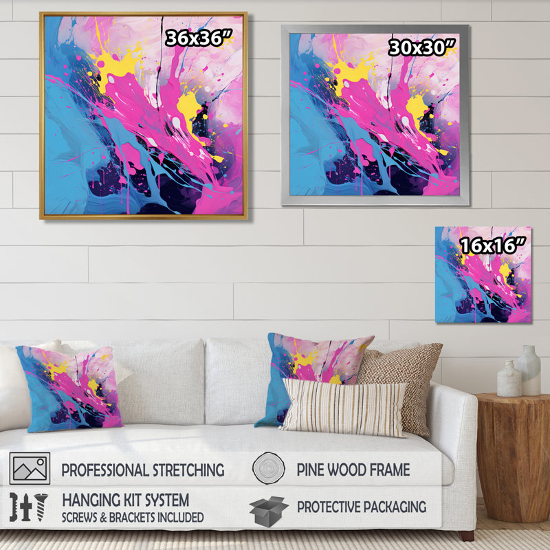 Rose bleu, peinture, éclaboussures, Pop Art, Toile avec cadre flottant noir, H 16 po x l 16 po x P 1 po