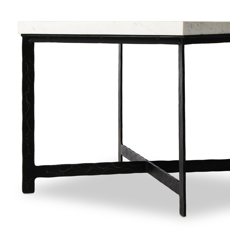 Hammered Iron End Table-White Marble, White Top/Black Base