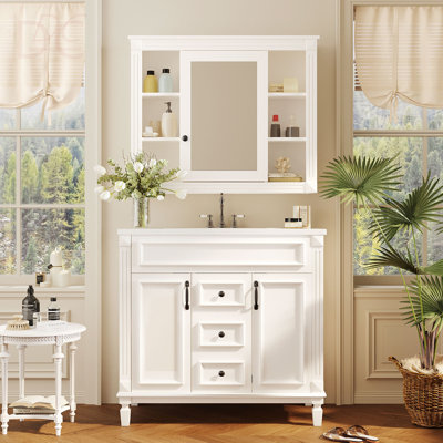 Meuble-lavabo de 36 po avec lavabo supérieur, armoire à miroir, armoire de rangement moderne avec 2 portes à fermeture douce, meuble-lavabo simple