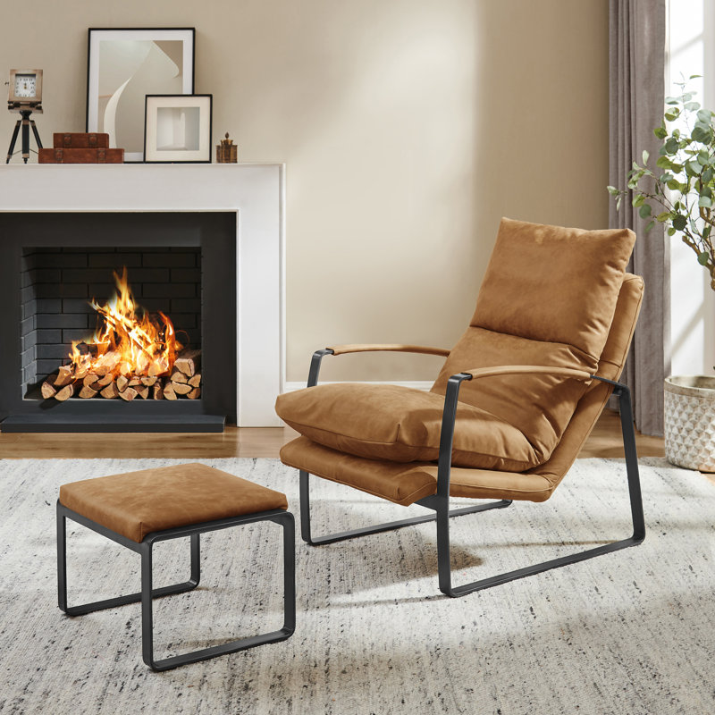 26.38'' W Full Grain Genuine Leather Lounge Armchair And Ottoman