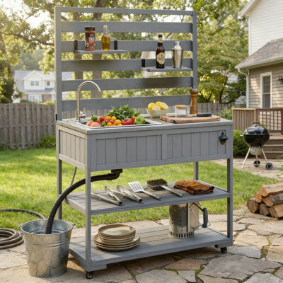 41.7" Rolling Outdoor Kitchen Island with Sink, Solid Wood BBQ Prep Station with Stainless Steel Top, Storage Shelves & Bottle Opener